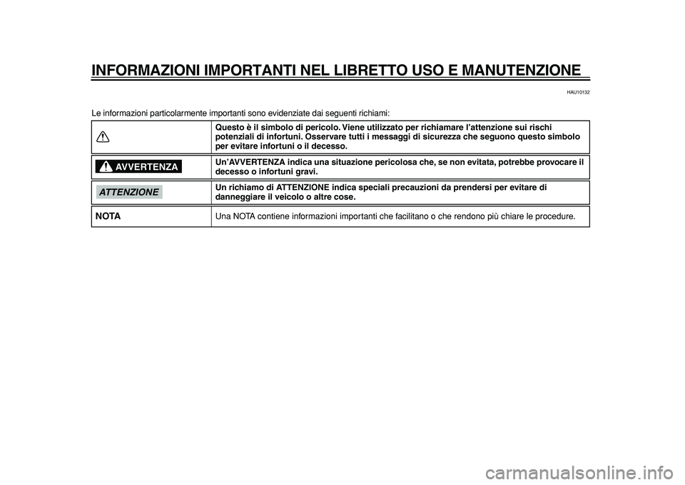 YAMAHA MAJESTY 400 2011  Manuale duso (in Italian)  
INFORMAZIONI IMPORTANTI NEL LIBRETTO USO E MANUTENZIONE 
HAU10132 
Le informazioni particolarmente importanti sono evidenziate dai seguenti richiami: 
Questo è il simbolo di pericolo. Viene utilizz