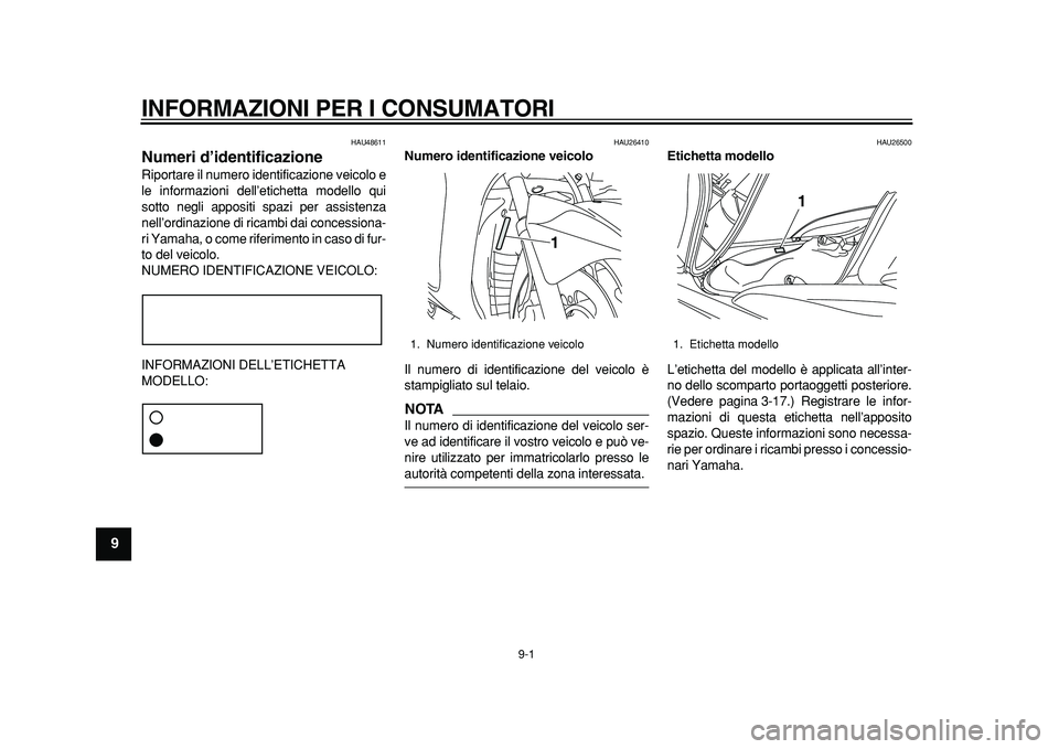 YAMAHA MAJESTY 400 2011 Manuale duso (in Italian)
9-1
1
2
3
4
5
6
7
8
9
INFORMAZIONI PER I CONSUMATORI
HAU48611
Numeri d’identificazione
Riportare il numero identificazione veicolo e
le informazioni dell’etichetta modello qui
sotto negli YAMAHA MAJESTY 400 2011 Manuale duso (in Italian)
9-1
1
2
3
4
5
6
7
8
9
INFORMAZIONI PER I CONSUMATORI
HAU48611
Numeri d’identificazione
Riportare il numero identificazione veicolo e
le informazioni dell’etichetta modello qui
sotto negli