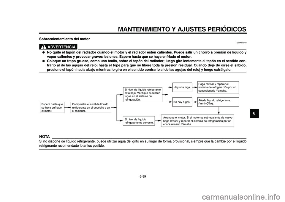 YAMAHA MAJESTY 400 2010 Manuale de Empleo (in Spanish)
MANTENIMIENTO Y AJUSTES PERIÓDICOS
6-39
2
3
4
5
67
8
9
Sobrecalentamiento del motor
ADVERTENCIA
SWAT1040
No quite el tapón del radiador cuando el motor y el radiador estén calientes. Pu YAMAHA MAJESTY 400 2010 Manuale de Empleo (in Spanish)
MANTENIMIENTO Y AJUSTES PERIÓDICOS
6-39
2
3
4
5
67
8
9
Sobrecalentamiento del motor
ADVERTENCIA
SWAT1040
No quite el tapón del radiador cuando el motor y el radiador estén calientes. Pu