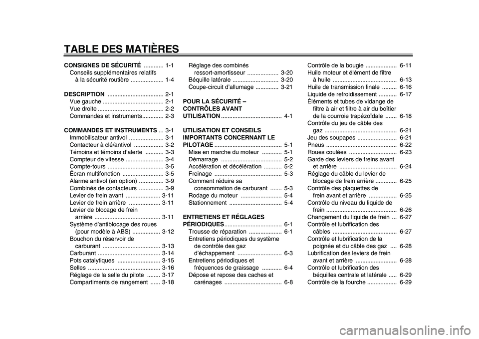 YAMAHA MAJESTY 400 2010 Notices Demploi (in French)
TABLE DES MATIÈRES
CONSIGNES DE SÉCURITÉ
............ 1-1
Conseils supplémentaires relatifs
à la sécurité routière .................... 1-4
DESCRIPTION
............................... YAMAHA MAJESTY 400 2010 Notices Demploi (in French)
TABLE DES MATIÈRES
CONSIGNES DE SÉCURITÉ
............ 1-1
Conseils supplémentaires relatifs
à la sécurité routière .................... 1-4
DESCRIPTION
...............................