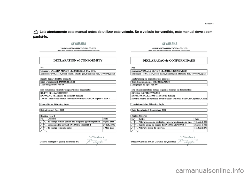 YAMAHA MAJESTY 400 2010 Manual de utilização (in Portuguese)
PAU26945
Leia atentamente este manual antes de utilizar este veículo. Se o veículo for vendido, este manual deve acom-
panhá-lo.
DECLARATION of CONFORMITY
YAMAHA MOTOR ELECTRONICS CO., LTD.1450- YAMAHA MAJESTY 400 2010 Manual de utilização (in Portuguese)
PAU26945
Leia atentamente este manual antes de utilizar este veículo. Se o veículo for vendido, este manual deve acom-
panhá-lo.
DECLARATION of CONFORMITY
YAMAHA MOTOR ELECTRONICS CO., LTD.1450-