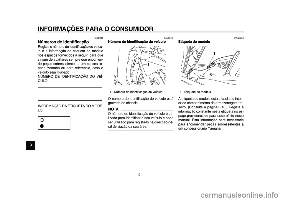 YAMAHA MAJESTY 400 2010 Manual de utilização (in Portuguese)
9-1
1
2
3
4
5
6
7
8
9
INFORMAÇÕES PARA O CONSUMIDOR
PAU48610
Números de identificação
Registe o número de identificação do veícu-
lo e a informação da etiqueta do modelo
nos espaç YAMAHA MAJESTY 400 2010 Manual de utilização (in Portuguese)
9-1
1
2
3
4
5
6
7
8
9
INFORMAÇÕES PARA O CONSUMIDOR
PAU48610
Números de identificação
Registe o número de identificação do veícu-
lo e a informação da etiqueta do modelo
nos espaç