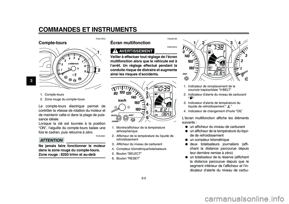 YAMAHA MAJESTY 400 2009 Notices Demploi (in French)
COMMANDES ET INSTRUMENTS
3-5
1
2
3
4
5
6
7
8
9
FAU11872
Compte-tours
Le compte-tours électrique permet de
contrôler la vitesse de rotation du moteur et
de maintenir celle-ci dans la plage d YAMAHA MAJESTY 400 2009 Notices Demploi (in French)
COMMANDES ET INSTRUMENTS
3-5
1
2
3
4
5
6
7
8
9
FAU11872
Compte-tours
Le compte-tours électrique permet de
contrôler la vitesse de rotation du moteur et
de maintenir celle-ci dans la plage d