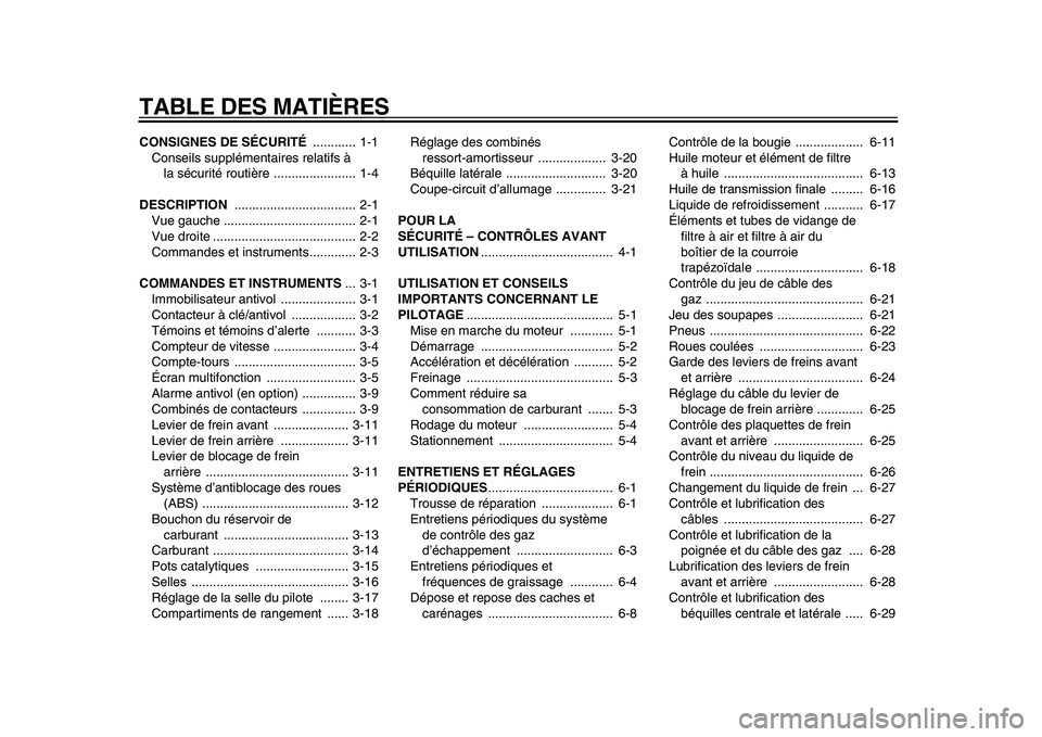 YAMAHA MAJESTY 400 2009 Notices Demploi (in French)
TABLE DES MATIÈRES
CONSIGNES DE SÉCURITÉ
............ 1-1
Conseils supplémentaires relatifs à
la sécurité routière ....................... 1-4
DESCRIPTION
............................ YAMAHA MAJESTY 400 2009 Notices Demploi (in French)
TABLE DES MATIÈRES
CONSIGNES DE SÉCURITÉ
............ 1-1
Conseils supplémentaires relatifs à
la sécurité routière ....................... 1-4
DESCRIPTION
............................