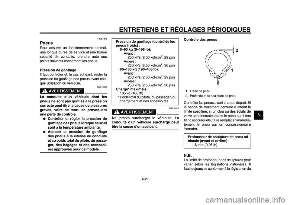 YAMAHA MAJESTY 400 2009 Notices Demploi (in French)
ENTRETIENS ET RÉGLAGES PÉRIODIQUES
6-22
2
3
4
5
67
8
9
FAU21873
Pneus
Pour assurer un fonctionnement optimal,
une longue durée de service et une bonne
sécurité de conduite, prendre note YAMAHA MAJESTY 400 2009 Notices Demploi (in French)
ENTRETIENS ET RÉGLAGES PÉRIODIQUES
6-22
2
3
4
5
67
8
9
FAU21873
Pneus
Pour assurer un fonctionnement optimal,
une longue durée de service et une bonne
sécurité de conduite, prendre note