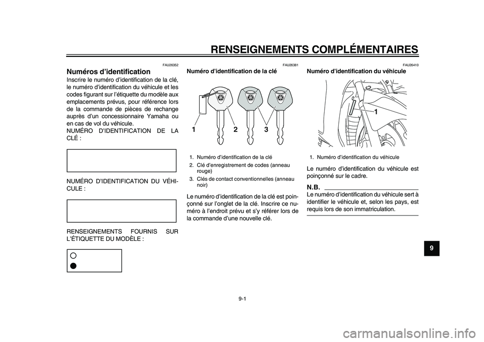YAMAHA MAJESTY 400 2009  Notices Demploi (in French)  
9-1 
2
3
4
5
6
7
8
9
 
RENSEIGNEMENTS COMPLÉMENTAIRES 
FAU26352 
Numéros d’identification  
Inscrire le numéro d’identification de la clé,
le numéro d’identification du véhicule et les
c