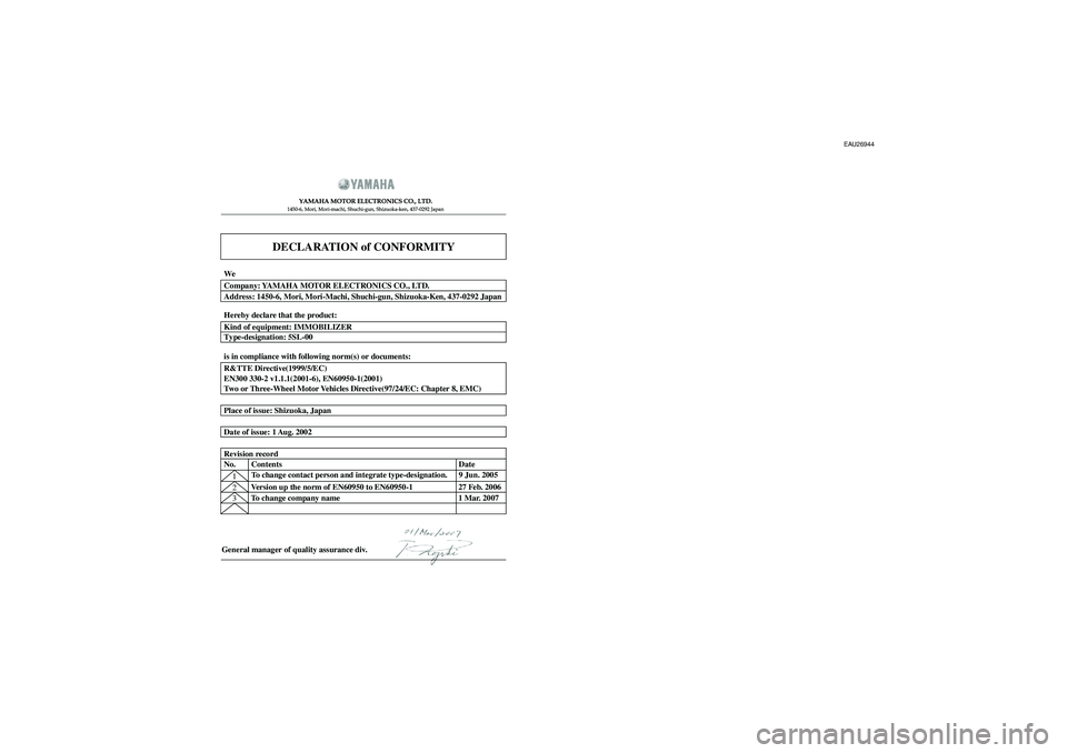 YAMAHA MAJESTY 400 2008  Owners Manual DECLARATION of CONFORMITY
YAMAHA MOTOR ELECTRONICS CO., LTD.1450-6, Mori, Mori-machi, Shuchi-gun, Shizuoka-ken, 437-0292 Japan
General manager of quality assurance div.1
Version up the norm of EN60950