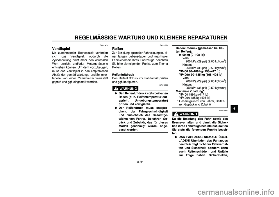 YAMAHA MAJESTY 400 2008 Betriebsanleitungen (in German)
REGELMÄSSIGE WARTUNG UND KLEINERE REPARATUREN
6-22
2
3
4
5
67
8
9
GAU21401
Ventilspiel
Mit zunehmender Betriebszeit verändert
sich das Ventilspiel, wodurch die
Zylinderfüllung nicht mehr d YAMAHA MAJESTY 400 2008 Betriebsanleitungen (in German)
REGELMÄSSIGE WARTUNG UND KLEINERE REPARATUREN
6-22
2
3
4
5
67
8
9
GAU21401
Ventilspiel
Mit zunehmender Betriebszeit verändert
sich das Ventilspiel, wodurch die
Zylinderfüllung nicht mehr d