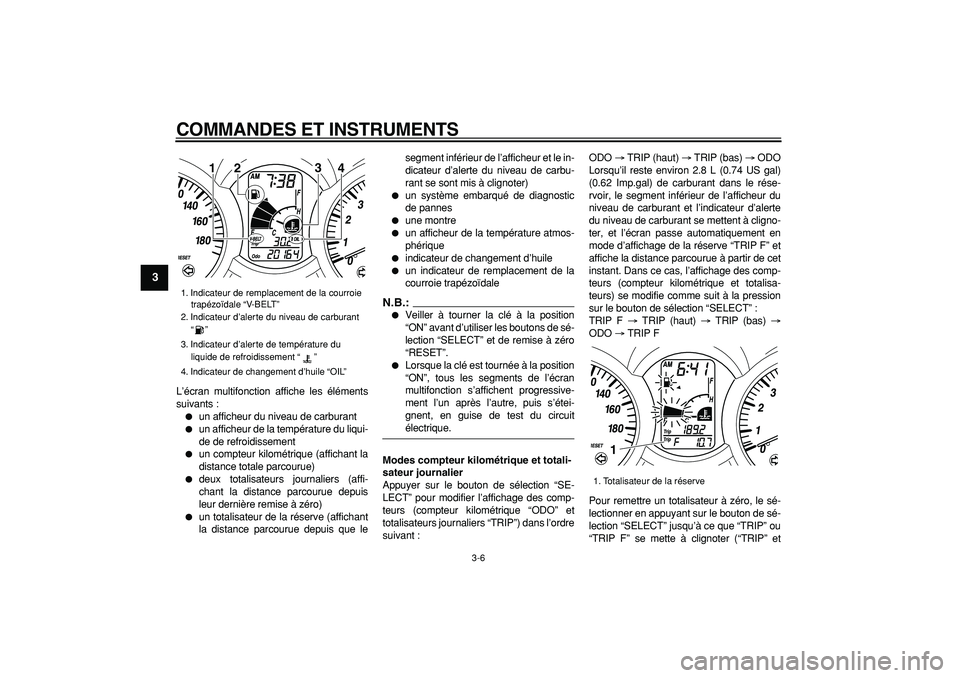 YAMAHA MAJESTY 400 2008 Notices Demploi (in French)
COMMANDES ET INSTRUMENTS
3-6
1
2
3
4
5
6
7
8
9
L’écran multifonction affiche les éléments
suivants :
un afficheur du niveau de carburant
un afficheur de la température du liqui-
de YAMAHA MAJESTY 400 2008 Notices Demploi (in French)
COMMANDES ET INSTRUMENTS
3-6
1
2
3
4
5
6
7
8
9
L’écran multifonction affiche les éléments
suivants :
un afficheur du niveau de carburant
un afficheur de la température du liqui-
de