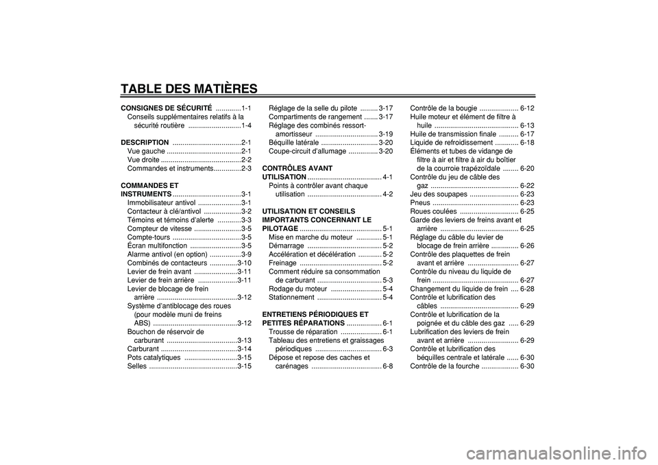 YAMAHA MAJESTY 400 2008 Notices Demploi (in French)
TABLE DES MATIÈRES
CONSIGNES DE SÉCURITÉ
.............1-1
Conseils supplémentaires relatifs à la
sécurité routière ...........................1-4
DESCRIPTION
........................ YAMAHA MAJESTY 400 2008 Notices Demploi (in French)
TABLE DES MATIÈRES
CONSIGNES DE SÉCURITÉ
.............1-1
Conseils supplémentaires relatifs à la
sécurité routière ...........................1-4
DESCRIPTION
........................