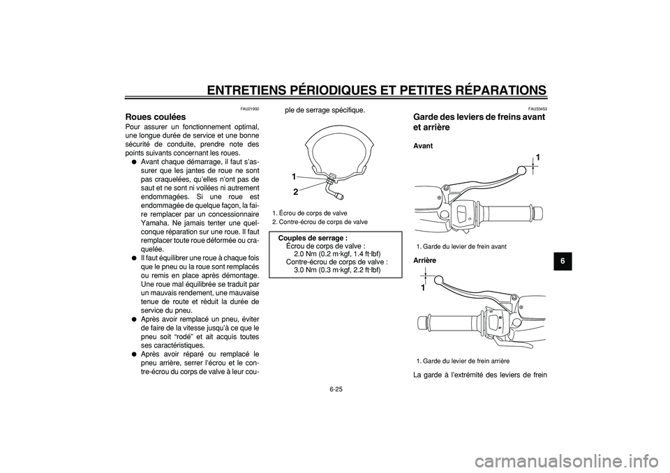 YAMAHA MAJESTY 400 2008 Notices Demploi (in French)
ENTRETIENS PÉRIODIQUES ET PETITES RÉPARATIONS
6-25
2
3
4
5
67
8
9
FAU21992
Roues coulées
Pour assurer un fonctionnement optimal,
une longue durée de service et une bonne
sécurité de con YAMAHA MAJESTY 400 2008 Notices Demploi (in French)
ENTRETIENS PÉRIODIQUES ET PETITES RÉPARATIONS
6-25
2
3
4
5
67
8
9
FAU21992
Roues coulées
Pour assurer un fonctionnement optimal,
une longue durée de service et une bonne
sécurité de con