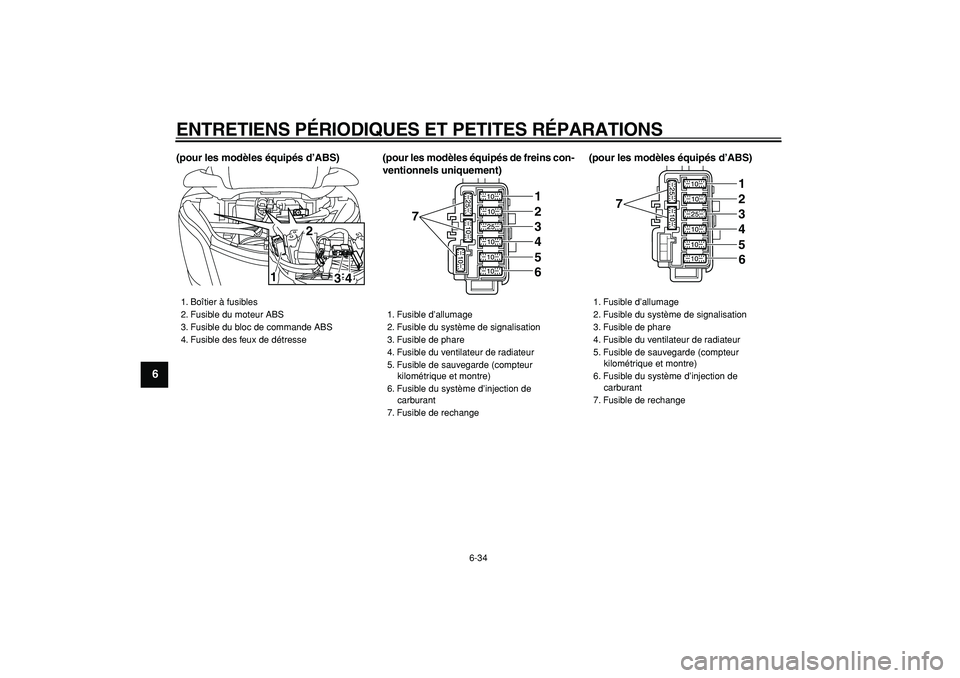YAMAHA MAJESTY 400 2008  Notices Demploi (in French)  
ENTRETIENS PÉRIODIQUES ET PETITES RÉPARATIONS 
6-34 
1
2
3
4
5
6
7
8
9
 
(pour les modèles équipés d’ABS) (pour les modèles équipés de freins con-
ventionnels uniquement)(pour les modèles