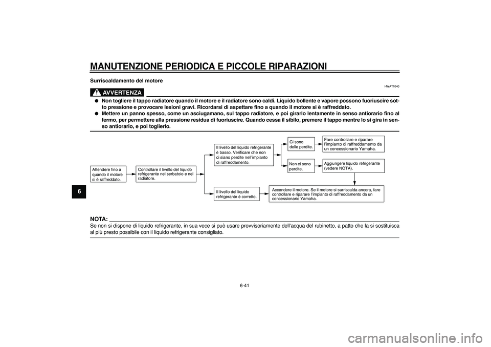 YAMAHA MAJESTY 400 2008 Manuale duso (in Italian)
MANUTENZIONE PERIODICA E PICCOLE RIPARAZIONI
6-41
1
2
3
4
5
6
7
8
9
Surriscaldamento del motore
AVVERTENZA
HWAT1040
Non togliere il tappo radiatore quando il motore e il radiatore sono ca YAMAHA MAJESTY 400 2008 Manuale duso (in Italian)
MANUTENZIONE PERIODICA E PICCOLE RIPARAZIONI
6-41
1
2
3
4
5
6
7
8
9
Surriscaldamento del motore
AVVERTENZA
HWAT1040
Non togliere il tappo radiatore quando il motore e il radiatore sono ca