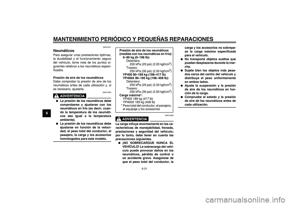 YAMAHA MAJESTY 400 2007  Manuale de Empleo (in Spanish)  
MANTENIMIENTO PERIÓDICO Y PEQUEÑAS REPARACIONES 
6-21 
1
2
3
4
5
6
7
8
9
 
SAU21871 
Neumáticos  
Para asegurar unas prestaciones óptimas,
la durabilidad y el funcionamiento seguro
del vehículo
