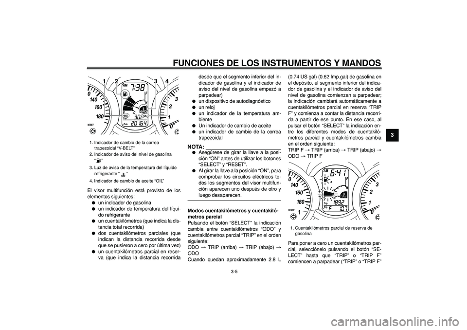 YAMAHA MAJESTY 400 2006 Manuale de Empleo (in Spanish)
FUNCIONES DE LOS INSTRUMENTOS Y MANDOS
3-5
2
34
5
6
7
8
9
El visor multifunción está provisto de los
elementos siguientes:
un indicador de gasolina
un indicador de temperatura del líq YAMAHA MAJESTY 400 2006 Manuale de Empleo (in Spanish)
FUNCIONES DE LOS INSTRUMENTOS Y MANDOS
3-5
2
34
5
6
7
8
9
El visor multifunción está provisto de los
elementos siguientes:
un indicador de gasolina
un indicador de temperatura del líq
