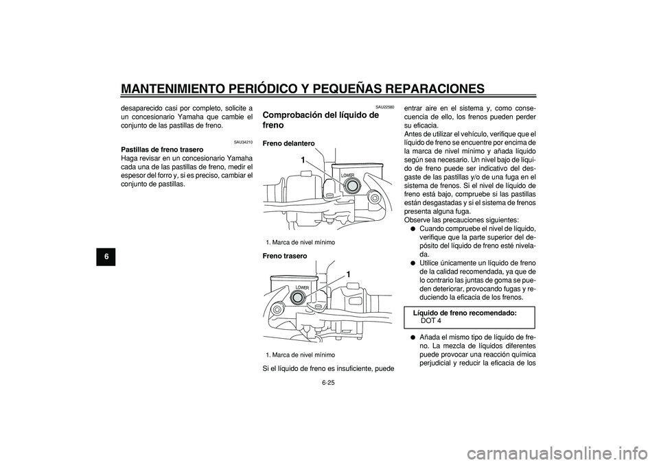 YAMAHA MAJESTY 400 2006 Manuale de Empleo (in Spanish)
MANTENIMIENTO PERIÓDICO Y PEQUEÑAS REPARACIONES
6-25
1
2
3
4
5
6
7
8
9
desaparecido casi por completo, solicite a
un concesionario Yamaha que cambie el
conjunto de las pastillas de freno.
SAU YAMAHA MAJESTY 400 2006 Manuale de Empleo (in Spanish)
MANTENIMIENTO PERIÓDICO Y PEQUEÑAS REPARACIONES
6-25
1
2
3
4
5
6
7
8
9
desaparecido casi por completo, solicite a
un concesionario Yamaha que cambie el
conjunto de las pastillas de freno.
SAU