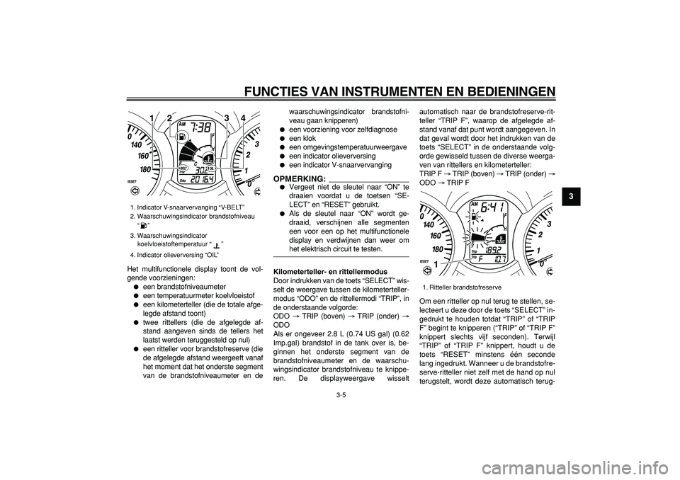 YAMAHA MAJESTY 400 2006 Instructieboekje (in Dutch)
FUNCTIES VAN INSTRUMENTEN EN BEDIENINGEN
3-5
2
34
5
6
7
8
9
Het multifunctionele display toont de vol-
gende voorzieningen:
een brandstofniveaumeter
een temperatuurmeter koelvloeistof
YAMAHA MAJESTY 400 2006 Instructieboekje (in Dutch)
FUNCTIES VAN INSTRUMENTEN EN BEDIENINGEN
3-5
2
34
5
6
7
8
9
Het multifunctionele display toont de vol-
gende voorzieningen:
een brandstofniveaumeter
een temperatuurmeter koelvloeistof
