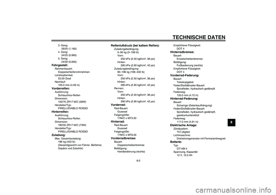 YAMAHA MT-01 2009 Betriebsanleitungen (in German) TECHNISCHE DATEN
8-2
8
3. Gang:
29/25 (1.160)
4. Gang:
24/25 (0.960)
5. Gang:
24/30 (0.800)
Fahrgestell:Rahmenbauart:
Doppelschleifenrohrrahmen
Lenkkopfwinkel:
25.00 Grad
Nachlauf:
103.0 mm (4.06 in)V YAMAHA MT-01 2009 Betriebsanleitungen (in German) TECHNISCHE DATEN
8-2
8
3. Gang:
29/25 (1.160)
4. Gang:
24/25 (0.960)
5. Gang:
24/30 (0.800)
Fahrgestell:Rahmenbauart:
Doppelschleifenrohrrahmen
Lenkkopfwinkel:
25.00 Grad
Nachlauf:
103.0 mm (4.06 in)V