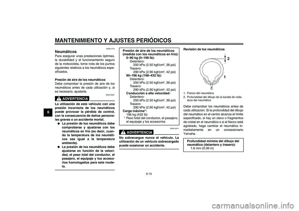 YAMAHA MT-01 2009 Manuale de Empleo (in Spanish) MANTENIMIENTO Y AJUSTES PERIÓDICOS
6-15
6
SAU21772
Neumáticos Para asegurar unas prestaciones óptimas,
la durabilidad y el funcionamiento seguro
de la motocicleta, tome nota de los puntos
siguiente YAMAHA MT-01 2009 Manuale de Empleo (in Spanish) MANTENIMIENTO Y AJUSTES PERIÓDICOS
6-15
6
SAU21772
Neumáticos Para asegurar unas prestaciones óptimas,
la durabilidad y el funcionamiento seguro
de la motocicleta, tome nota de los puntos
siguiente