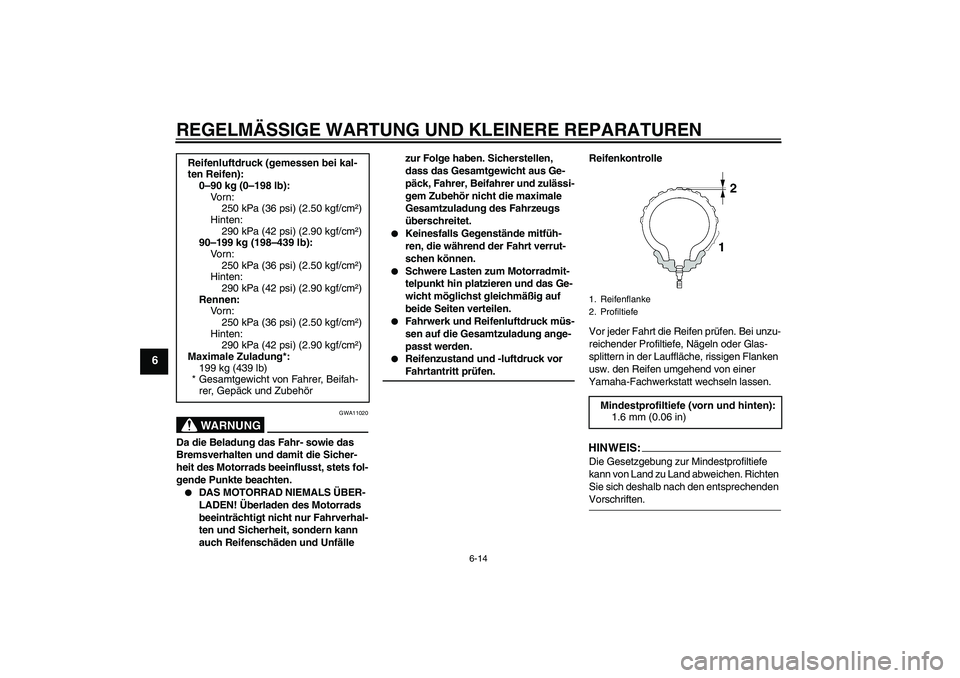 YAMAHA MT-01 2008 Betriebsanleitungen (in German) REGELMÄSSIGE WARTUNG UND KLEINERE REPARATUREN
6-14
6
WARNUNG
GWA11020
Da die Beladung das Fahr- sowie das
Bremsverhalten und damit die Sicher-
heit des Motorrads beeinflusst, stets fol-
gende Punkte YAMAHA MT-01 2008 Betriebsanleitungen (in German) REGELMÄSSIGE WARTUNG UND KLEINERE REPARATUREN
6-14
6
WARNUNG
GWA11020
Da die Beladung das Fahr- sowie das
Bremsverhalten und damit die Sicher-
heit des Motorrads beeinflusst, stets fol-
gende Punkte
