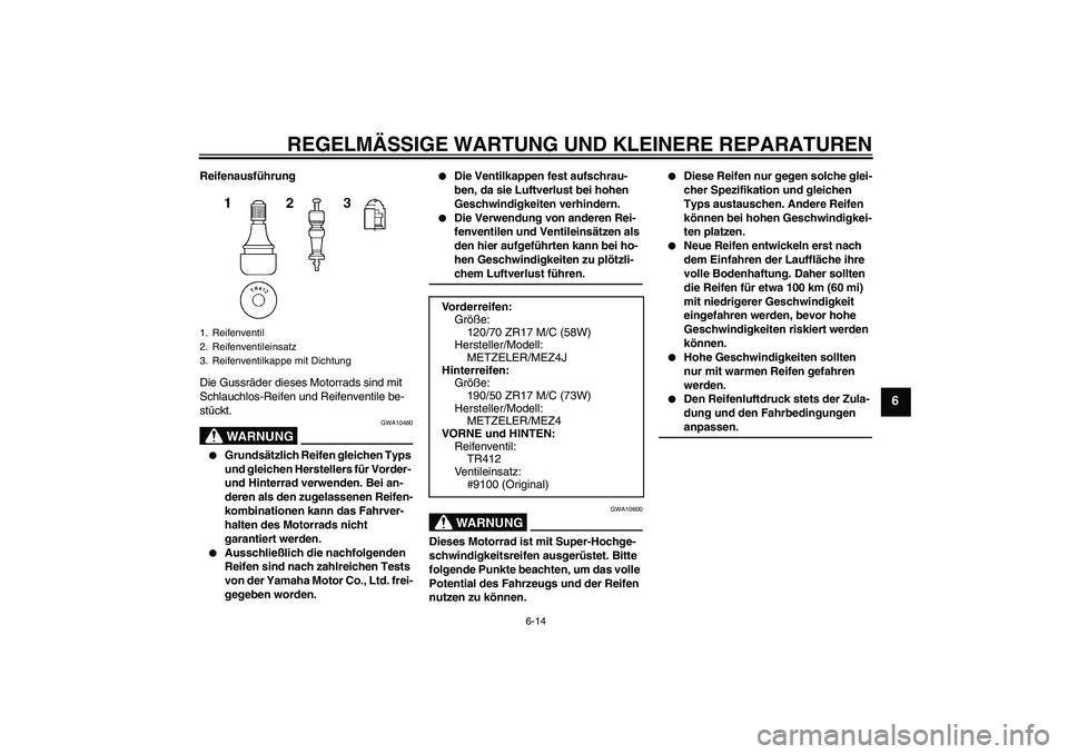 YAMAHA MT-01 2006 Betriebsanleitungen (in German) REGELMÄSSIGE WARTUNG UND KLEINERE REPARATUREN
6-14
6
Reifenausführung
Die Gussräder dieses Motorrads sind mit
Schlauchlos-Reifen und Reifenventile be-
stückt.
WARNUNG
GWA10480
Grundsätzlich Re YAMAHA MT-01 2006 Betriebsanleitungen (in German) REGELMÄSSIGE WARTUNG UND KLEINERE REPARATUREN
6-14
6
Reifenausführung
Die Gussräder dieses Motorrads sind mit
Schlauchlos-Reifen und Reifenventile be-
stückt.
WARNUNG
GWA10480
Grundsätzlich Re