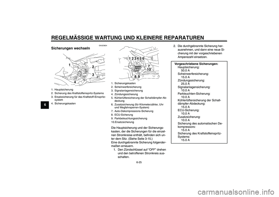 YAMAHA MT-01 2006 Betriebsanleitungen (in German) REGELMÄSSIGE WARTUNG UND KLEINERE REPARATUREN
6-25
6
GAU23624
Sicherungen wechseln
Die Hauptsicherung und der Sicherungs-
kasten, der die Sicherungen für die einzel-
nen Stromkreise enthält, befin YAMAHA MT-01 2006 Betriebsanleitungen (in German) REGELMÄSSIGE WARTUNG UND KLEINERE REPARATUREN
6-25
6
GAU23624
Sicherungen wechseln
Die Hauptsicherung und der Sicherungs-
kasten, der die Sicherungen für die einzel-
nen Stromkreise enthält, befin