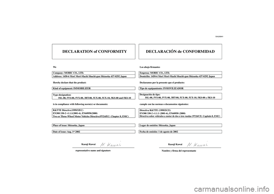 YAMAHA MT-01 2005  Manuale de Empleo (in Spanish) SAU26941
DECLARATION of CONFORMITY
We
Hereby declare that the product:
is in compliance with following norm(s) or documents: Type-designation:
         5SL-00, 5VS-00, 5VX-00, 3HT-00, 5UX-00, 5UX-10, 