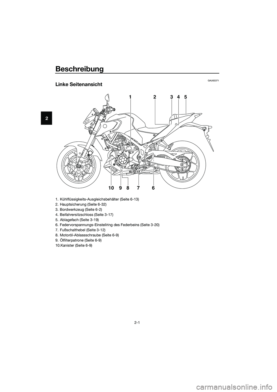 YAMAHA MT-03 2020  Betriebsanleitungen (in German) Beschreibung
2-1
2
GAU63371
Linke Seitenansicht
12345
9
10876
1. Kühlflüssigkeits-Ausgleichsbehälter (Seite 6-13)
2. Hauptsicherung (Seite 6-32)
3. Bordwerkzeug (Seite 6-2)
4. Beifahrersitzschloss 
