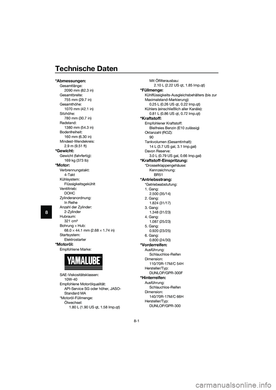 YAMAHA MT-03 2020  Betriebsanleitungen (in German) Technische Daten
8-1
8
*Abmessungen:
Gesamtlänge:
2090 mm (82.3 in)
Gesamtbreite:
755 mm (29.7 in)
Gesamthöhe:
1070 mm (42.1 in)
Sitzhöhe:
780 mm (30.7 in)
Radstand:
1380 mm (54.3 in)
Bodenfreiheit