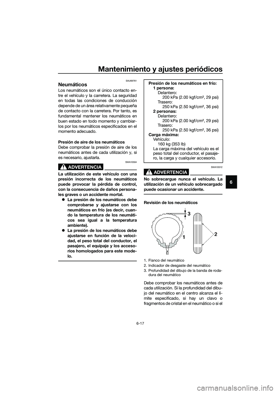 YAMAHA MT-03 2020 Manuale de Empleo (in Spanish) Mantenimiento y ajustes periódicos
6-17
6
SAU69761
Neumáticos
Los neumáticos son el único contacto en-
tre el vehículo y la carretera. La seguridad
en todas las condiciones de conducción
depende YAMAHA MT-03 2020 Manuale de Empleo (in Spanish) Mantenimiento y ajustes periódicos
6-17
6
SAU69761
Neumáticos
Los neumáticos son el único contacto en-
tre el vehículo y la carretera. La seguridad
en todas las condiciones de conducción
depende