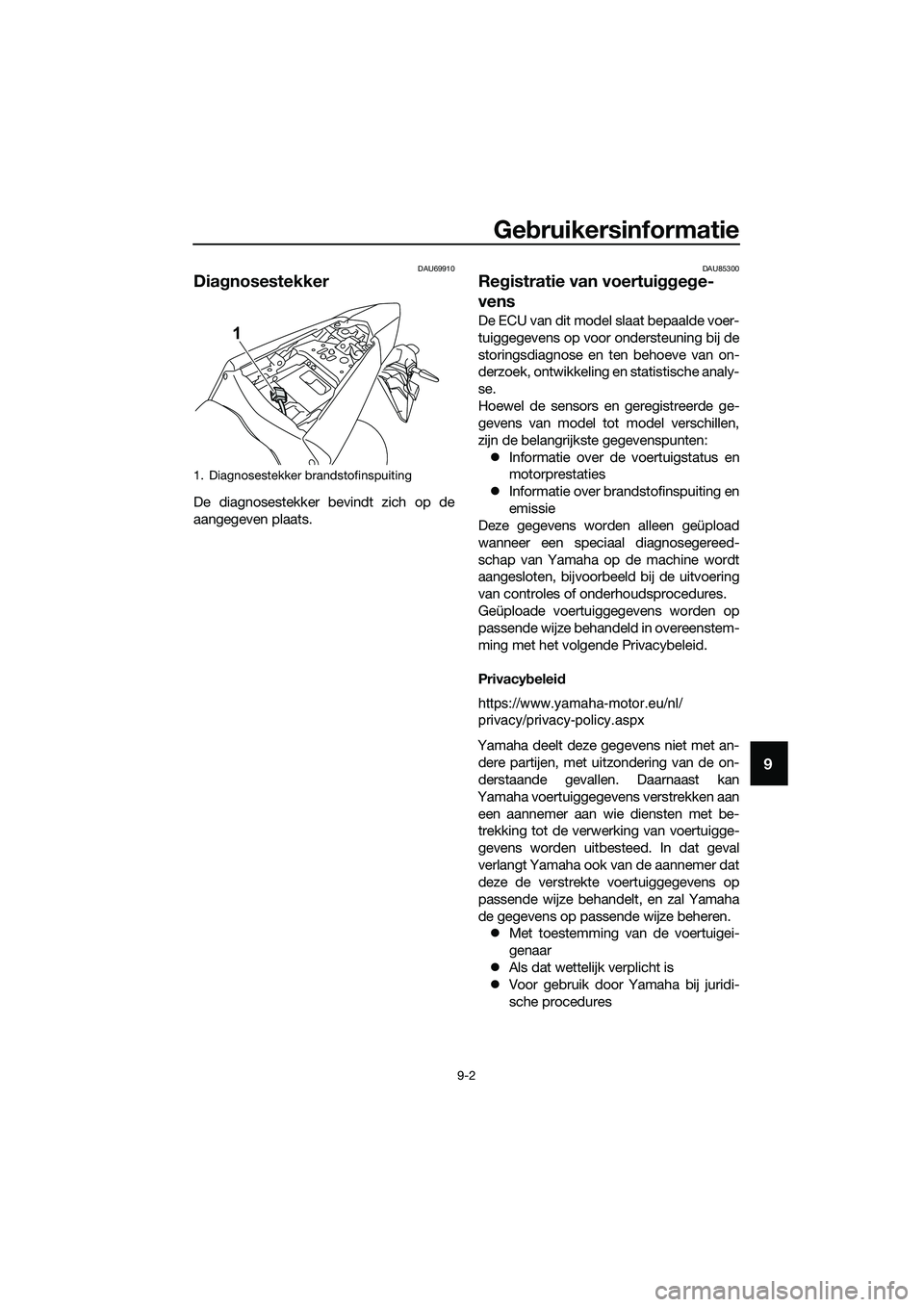 YAMAHA MT-03 2020 Instructieboekje (in Dutch) Gebruikersinformatie
9-2
9
DAU69910
Diagnosestekker
De diagnosestekker bevindt zich op de
aangegeven plaats.
DAU85300
Registratie van voertuiggege-
vens
De ECU van dit model slaat bepaalde voer-
tuigg YAMAHA MT-03 2020 Instructieboekje (in Dutch) Gebruikersinformatie
9-2
9
DAU69910
Diagnosestekker
De diagnosestekker bevindt zich op de
aangegeven plaats.
DAU85300
Registratie van voertuiggege-
vens
De ECU van dit model slaat bepaalde voer-
tuigg