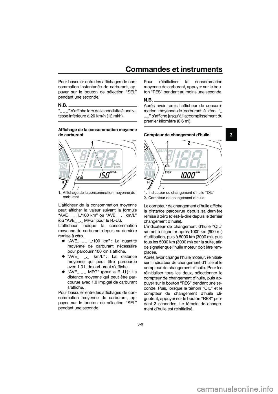 YAMAHA MT-03 2018  Notices Demploi (in French) Commandes et instruments
3-9
3
Pour basculer entre les affichages de con-
sommation instantanée de carburant, ap-
puyer sur le bouton de sélection “SEL”
pendant une seconde.
N.B.
“_ _._” s
