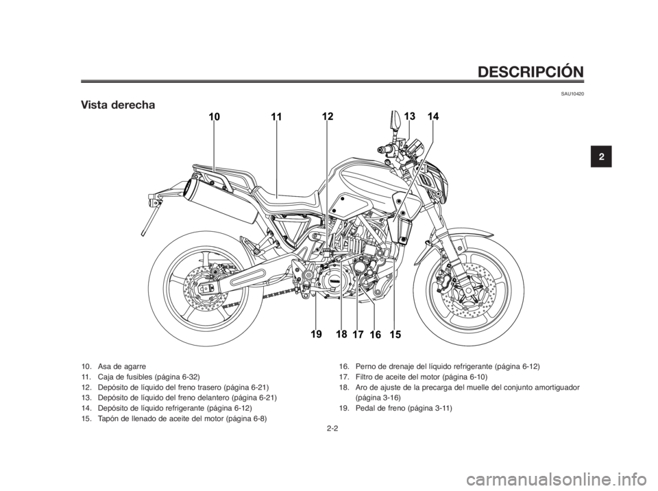 YAMAHA MT-03 2012  Manuale de Empleo (in Spanish) 1
2
3
4
5
6
7
8
9
10
DESCRIPCIÓN
SAU10420
Vista derecha
2-2
10. Asa de agarre
11. Caja de fusibles (página 6-32)
12. Depósito de líquido del freno trasero (página 6-21)
13. Depósito de líquido 