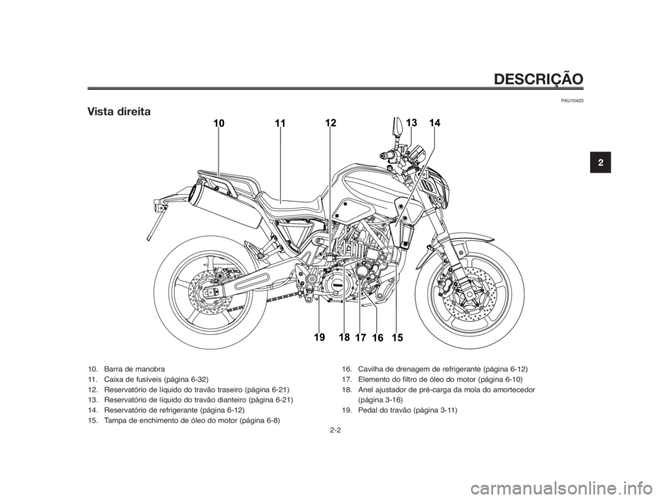 YAMAHA MT-03 2012  Manual de utilização (in Portuguese) 1
2
3
4
5
6
7
8
9
10
DESCRIÇÃO
PAU10420
Vista direita
2-2
10. Barra de manobra
11. Caixa de fusíveis (página 6-32)
12. Reservatório de líquido do travão traseiro (página 6-21)
13. Reservatóri