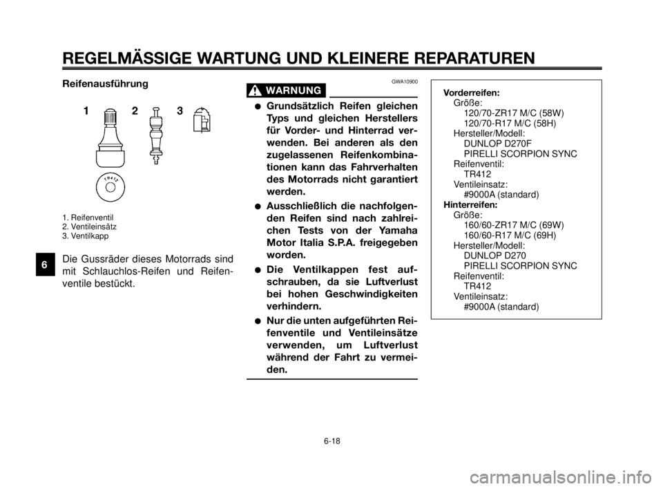 YAMAHA MT-03 2006 Betriebsanleitungen (in German) REGELMÄSSIGE WARTUNG UND KLEINERE REPARATUREN
Reifenausführung
1. Reifenventil
2. Ventileinsätz
3. Ventilkapp
Die Gussräder dieses Motorrads sind
mit Schlauchlos-Reifen und Reifen-
ventile bestüc YAMAHA MT-03 2006 Betriebsanleitungen (in German) REGELMÄSSIGE WARTUNG UND KLEINERE REPARATUREN
Reifenausführung
1. Reifenventil
2. Ventileinsätz
3. Ventilkapp
Die Gussräder dieses Motorrads sind
mit Schlauchlos-Reifen und Reifen-
ventile bestüc