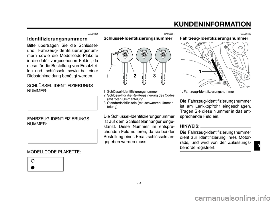 YAMAHA MT-03 2006 Betriebsanleitungen (in German) 1
2
3
4
5
6
7
8
9
10
KUNDENINFORMATION
9-1
GAU26351
Identifizierungsnummern
Bitte übertragen Sie die Schlüssel-
und Fahrzeug-Identifizierungsnum-
mern sowie die Modellcode-Plakette
in die dafür vor YAMAHA MT-03 2006 Betriebsanleitungen (in German) 1
2
3
4
5
6
7
8
9
10
KUNDENINFORMATION
9-1
GAU26351
Identifizierungsnummern
Bitte übertragen Sie die Schlüssel-
und Fahrzeug-Identifizierungsnum-
mern sowie die Modellcode-Plakette
in die dafür vor