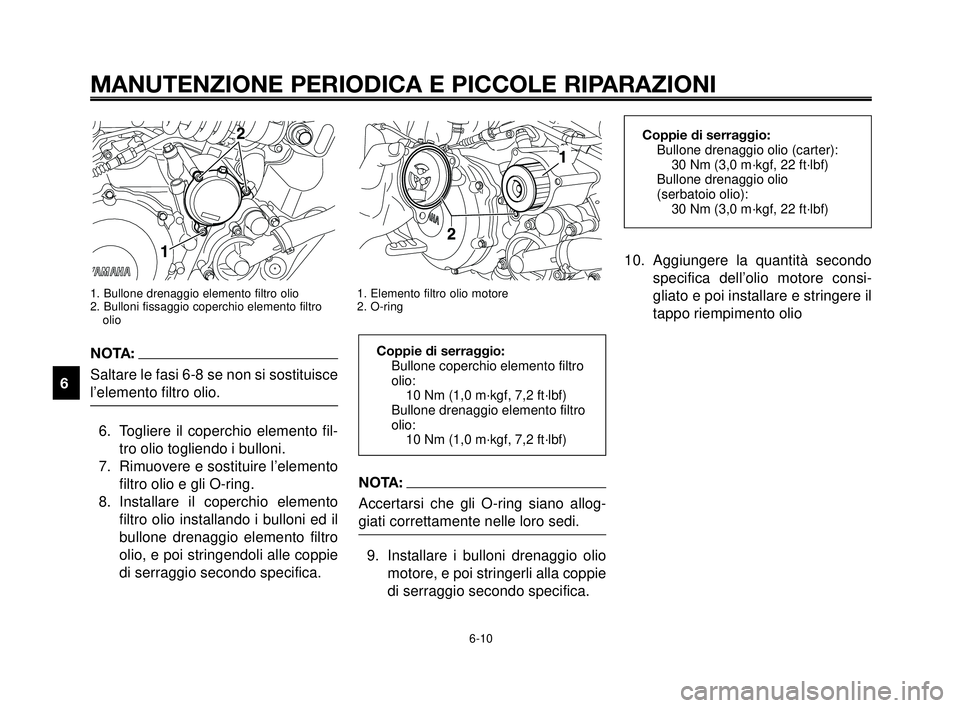 YAMAHA MT-03 2006 Manuale duso (in Italian) NOTA:
Accertarsi che gli O-ring siano allog-
giati correttamente nelle loro sedi.
9. Installare i bulloni drenaggio olio
motore, e poi stringerli alla coppie
di serraggio secondo specifica.
MANUTENZIO YAMAHA MT-03 2006 Manuale duso (in Italian) NOTA:
Accertarsi che gli O-ring siano allog-
giati correttamente nelle loro sedi.
9. Installare i bulloni drenaggio olio
motore, e poi stringerli alla coppie
di serraggio secondo specifica.
MANUTENZIO