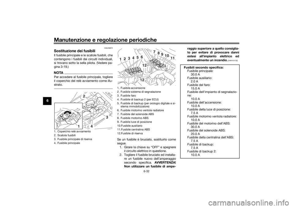 YAMAHA MT-07 2019  Manuale duso (in Italian) Manutenzione e regolazione perio diche
6-32
6
HAU59872
Sostituzione  dei fusibiliIl fusibile principale e le scatole fusibili, che
contengono i fusibili dei circuiti individuali,
si trovano sotto la s
