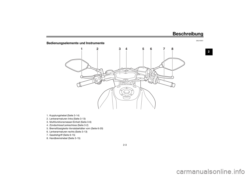 YAMAHA MT-07 2016  Betriebsanleitungen (in German) Beschreibung
2-3
2
GAU10431
Be dienun gselemente un d Instrumente
1
2
3
4
5
6
7
8
1. Kupplungshebel (Seite 3-14)
2. Lenkerarmaturen links (Seite 3-13)
3. Multifunktionsmesser-Einheit (Seite 3-6)
4. Z
