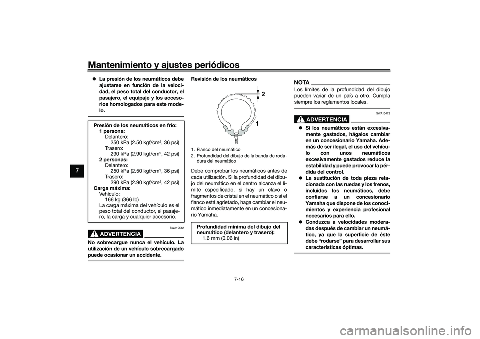 YAMAHA MT-09 2022 Manuale de Empleo (in Spanish) Mantenimiento y ajustes periódicos
7-16
7
La presión de los neumáticos debe
ajustarse en función de la veloci-
dad, el peso total del conductor, el
pasajero, el equipaje y los acceso-
rios homo YAMAHA MT-09 2022 Manuale de Empleo (in Spanish) Mantenimiento y ajustes periódicos
7-16
7
La presión de los neumáticos debe
ajustarse en función de la veloci-
dad, el peso total del conductor, el
pasajero, el equipaje y los acceso-
rios homo