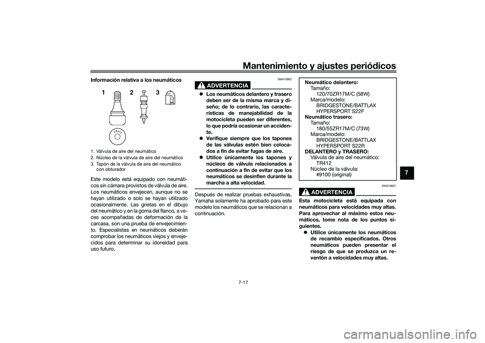YAMAHA MT-09 2022 Manuale de Empleo (in Spanish) Mantenimiento y ajustes periódicos7-17
7
Información relativa a los neumáticos
Este modelo está equipado con neumáti-
cos sin cámara provistos de válvula de aire.
Los neumáticos envejecen, aun YAMAHA MT-09 2022 Manuale de Empleo (in Spanish) Mantenimiento y ajustes periódicos7-17
7
Información relativa a los neumáticos
Este modelo está equipado con neumáti-
cos sin cámara provistos de válvula de aire.
Los neumáticos envejecen, aun