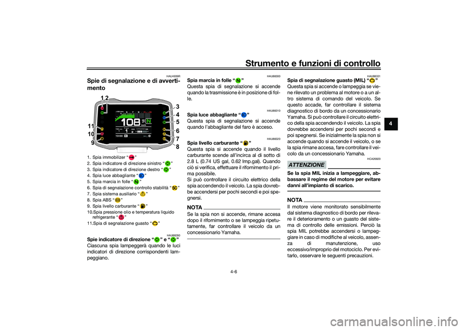 YAMAHA MT-09 2022  Manuale duso (in Italian) Strumento e funzioni di controllo
4-6
4
HAU4939R
Spie di segnalazione e di avverti-
mento
HAU88280
Spie indicatore di direzione “ ” e “ ”
Ciascuna spia lampeggerà quando le luci
indicatori di