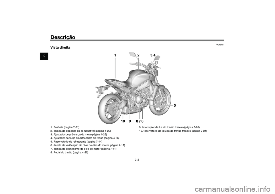 YAMAHA MT-09 2022  Manual de utilização (in Portuguese) Descrição
2-2
2
PAU10421
Vista direita
1 2 3,4
5
9
10 6
78
1. Fusíveis (página 7-31)
2. Tampa do depósito de combustível (página 4-22)
3. Ajustador de pré-carga da mola (página 4-26)
4. Ajust