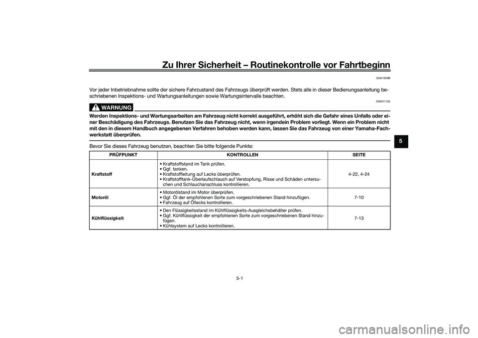 YAMAHA MT-09 2021  Betriebsanleitungen (in German) Zu Ihrer Sicherheit – Routinekontrolle vor Fahrt beg inn
5-1
5
GAU1559B
Vor jeder Inbetriebnahme sollte der sichere Fahrzustand des Fahrzeugs überprüft werden. Stets alle in dieser Bedienungsanlei