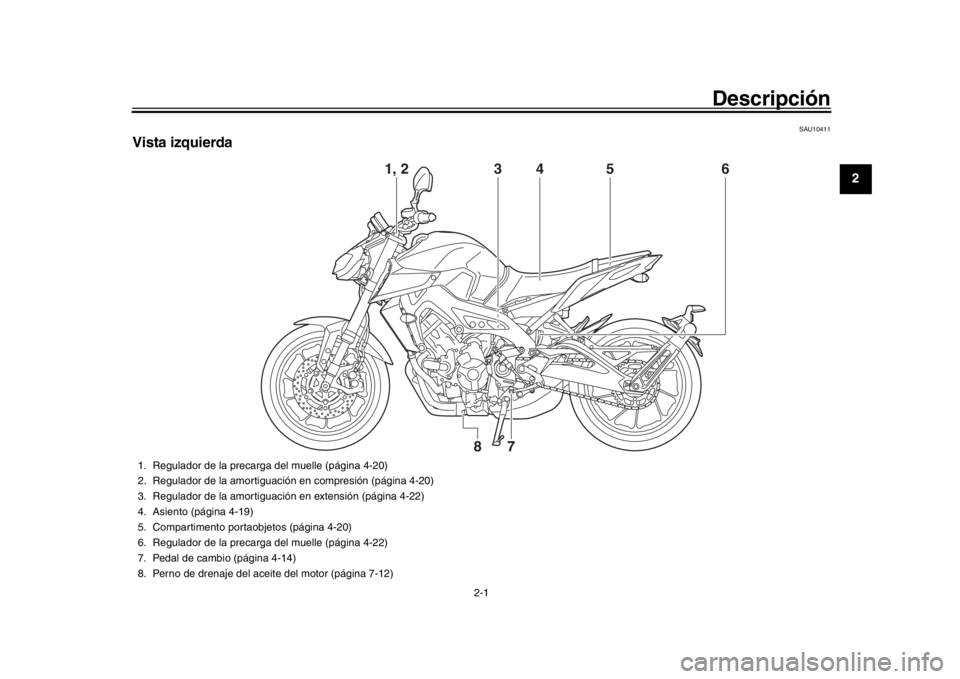YAMAHA MT-09 2018  Manuale de Empleo (in Spanish) 2-1
123
4
5
6
7
8
9
10
11
12
Descripción
SAU10411
Vista izquierda
3
4
5
6
7
8
1, 2
1. Regulador de la precar
ga del muelle (página 4-20)
2. Regulador de la amortiguación en compresión (página 4-2