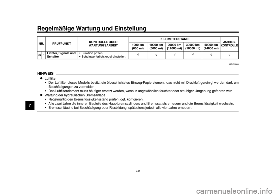 YAMAHA MT-09 2017  Betriebsanleitungen (in German) Regelmäßige Wartung und Einstellung
7-8
1
2
3
4
5
67
8
9
10
11
12
GAU72800
HINWEIS
Luftfilter
 Der Luftfilter dieses Modells besitzt ei n ölbeschichtetes Einweg-Papierelement, das ni cht mit Dru