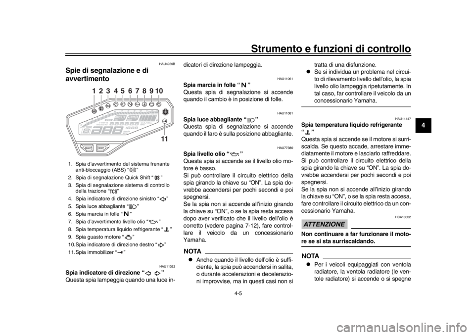 YAMAHA MT-09 2017 Manuale duso (in Italian) Strumento e funzioni di controllo
4-5
1
2
345
6
7
8
9
10
11
12
HAU4939B
Spie di segnalazione e di
avvertimento
HAU11022
Spia indicatore di direzione “ ”
Questa spia lampeggia quando una luce in- YAMAHA MT-09 2017 Manuale duso (in Italian) Strumento e funzioni di controllo
4-5
1
2
345
6
7
8
9
10
11
12
HAU4939B
Spie di segnalazione e di
avvertimento
HAU11022
Spia indicatore di direzione “ ”
Questa spia lampeggia quando una luce in-