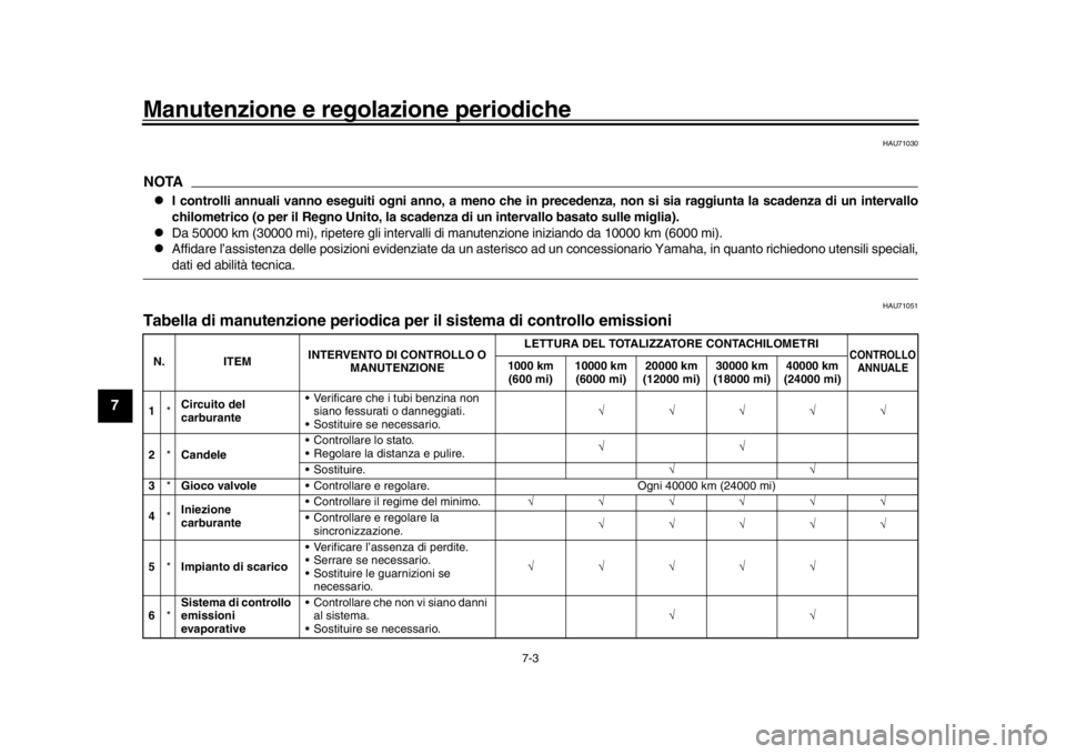 YAMAHA MT-09 2017 Manuale duso (in Italian) Manutenzione e regolazione periodiche
7-3
1
2
3
4
5
67
8
9
10
11
12
HAU71030
NOTA
I controlli annuali vanno eseguiti ogni anno, a meno che in precedenza, non si sia raggiunta la scadenza di un inte YAMAHA MT-09 2017 Manuale duso (in Italian) Manutenzione e regolazione periodiche
7-3
1
2
3
4
5
67
8
9
10
11
12
HAU71030
NOTA
I controlli annuali vanno eseguiti ogni anno, a meno che in precedenza, non si sia raggiunta la scadenza di un inte