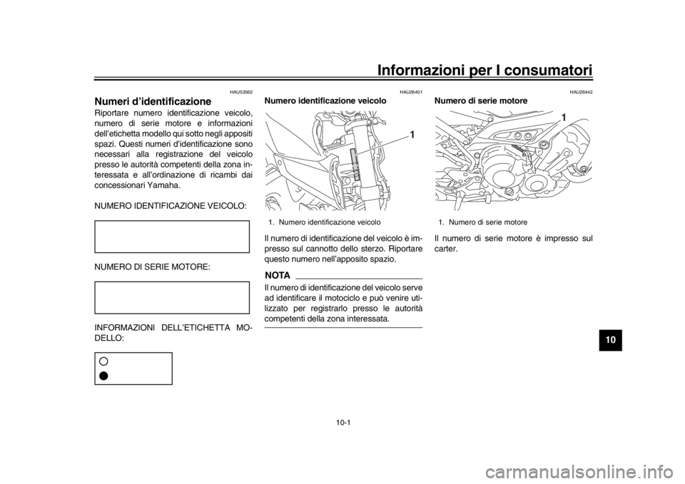 YAMAHA MT-09 2017 Manuale duso (in Italian) 10-1
1
2
3
4
5
6
7
8
91011
12
Informazioni per I consumatori
HAU53562
Numeri d’identificazioneRiportare numero identificazione veicolo,
numero di serie motore e informazioni
dell’etichetta modello YAMAHA MT-09 2017 Manuale duso (in Italian) 10-1
1
2
3
4
5
6
7
8
91011
12
Informazioni per I consumatori
HAU53562
Numeri d’identificazioneRiportare numero identificazione veicolo,
numero di serie motore e informazioni
dell’etichetta modello