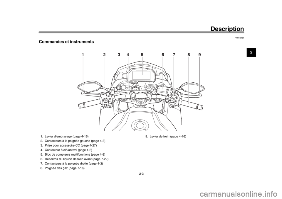 YAMAHA MT-10 2020  Notices Demploi (in French) Description
2-3
123
4
5
6
7
8
9
10
11
12
FAU10431
Commandes et instruments
12 456789
3
1. Levier d’embrayage (page 4-16)
2. Contacteurs à la poignée gauche (page 4-3)
3. Prise pour accessoire CC (